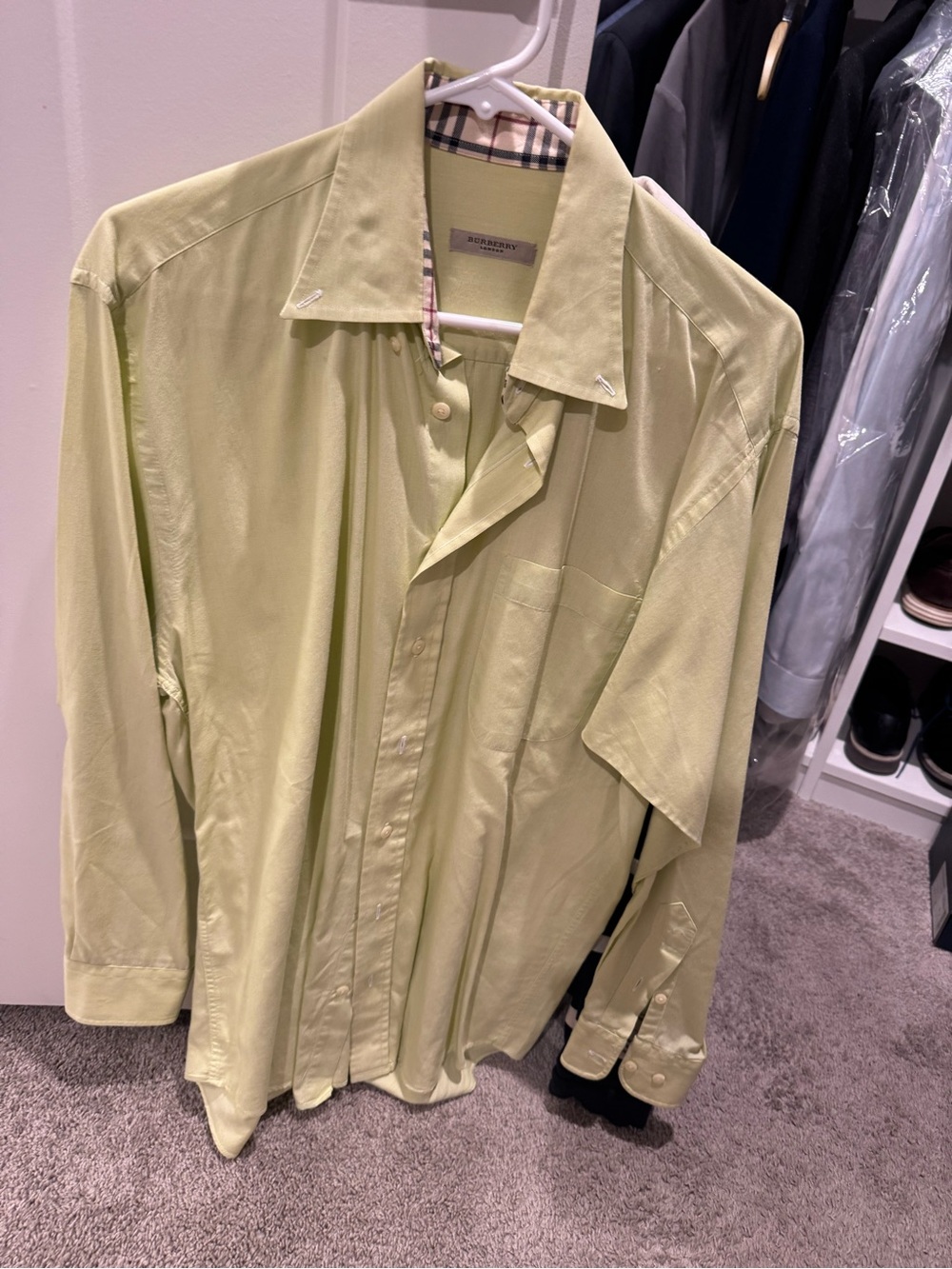Burberry Pale Green Button-Down Shirt with Check Trim